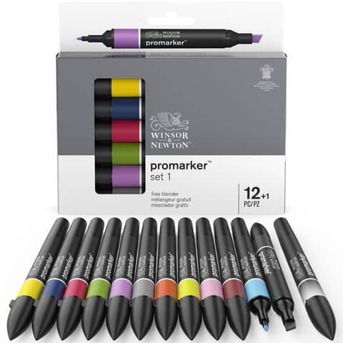 Set 12 pennarelli Winsor&Newton Promarker doppia punta fine-larga - colori assortiti + blender - 0290137
